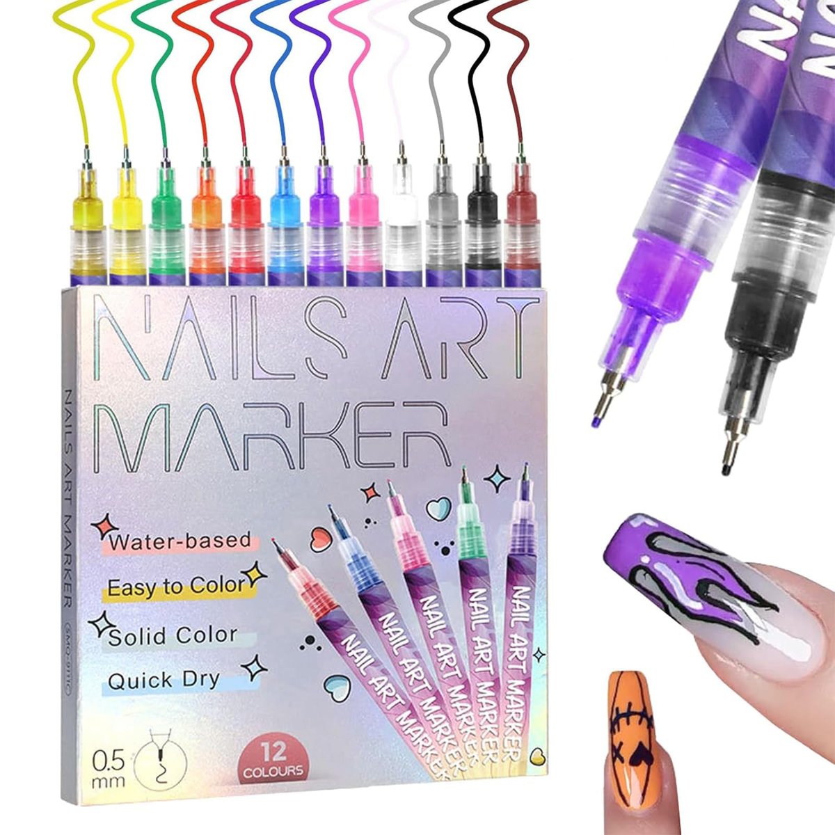 TUONU 12-Color Nail Art Pens Set - Fine Tip 0.5mm Nail Art Markers for DIY Nail Design, Dotting, Drawing, and Painting - Perfect for Home and Salon Use - görsel 2