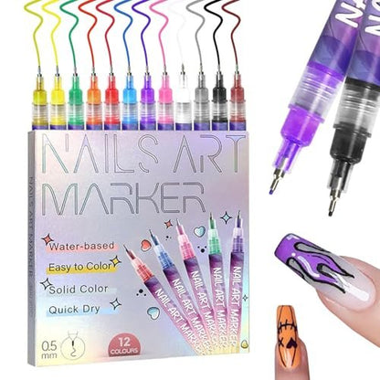 TUONU 12-Color Nail Art Pens Set - Fine Tip 0.5mm Nail Art Markers for DIY Nail Design, Dotting, Drawing, and Painting - Perfect for Home and Salon Use