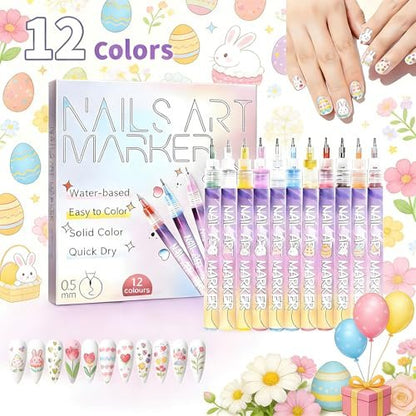 TUONU 12-Color Nail Art Pens Set - Fine Tip 0.5mm Nail Art Markers for DIY Nail Design, Dotting, Drawing, and Painting - Perfect for Home and Salon Use