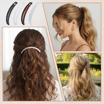 Nogeqi 4 Pcs Banana Hair Clips - Non-Slip Double Comb Hair Claws for Thick Curly Hair - Vintage Ponytail Holder Styling Accessories (Black, Brown, White, Clear)
