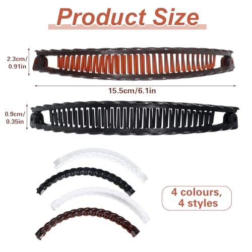 Nogeqi 4 Pcs Banana Hair Clips - Non-Slip Double Comb Hair Claws for Thick Curly Hair - Vintage Ponytail Holder Styling Accessories (Black, Brown, White, Clear) - görsel 10