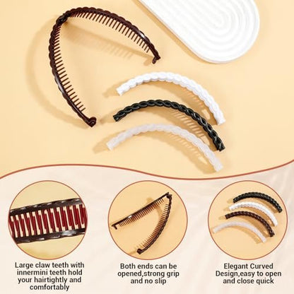 Nogeqi 4 Pcs Banana Hair Clips - Non-Slip Double Comb Hair Claws for Thick Curly Hair - Vintage Ponytail Holder Styling Accessories (Black, Brown, White, Clear)