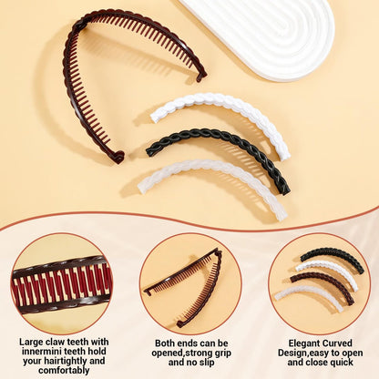 Nogeqi 4 Pcs Banana Hair Clips - Non-Slip Double Comb Hair Claws for Thick Curly Hair - Vintage Ponytail Holder Styling Accessories (Black, Brown, White, Clear)