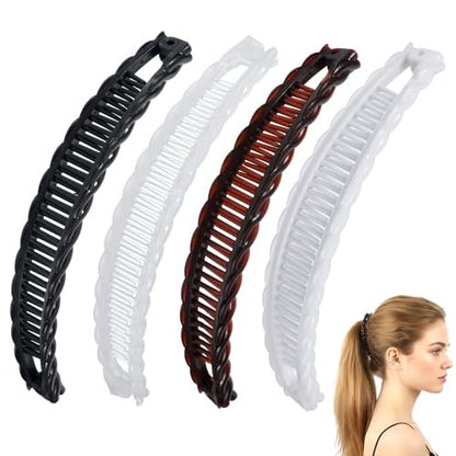 Nogeqi 4 Pcs Banana Hair Clips - Non-Slip Double Comb Hair Claws for Thick Curly Hair - Vintage Ponytail Holder Styling Accessories (Black, Brown, White, Clear)