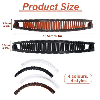 Nogeqi 4 Pcs Banana Hair Clips - Non-Slip Double Comb Hair Claws for Thick Curly Hair - Vintage Ponytail Holder Styling Accessories (Black, Brown, White, Clear)