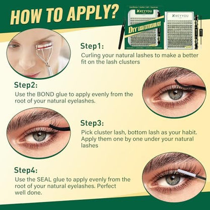 KEYYOU LASH Lash Clusters Kit Natural 144pcs 8-16MIX Wispy Lash Clusters C Curl with Bond and Seal, Remover, Applicators for DIY Fluffy Eyelash Clusters at Home
