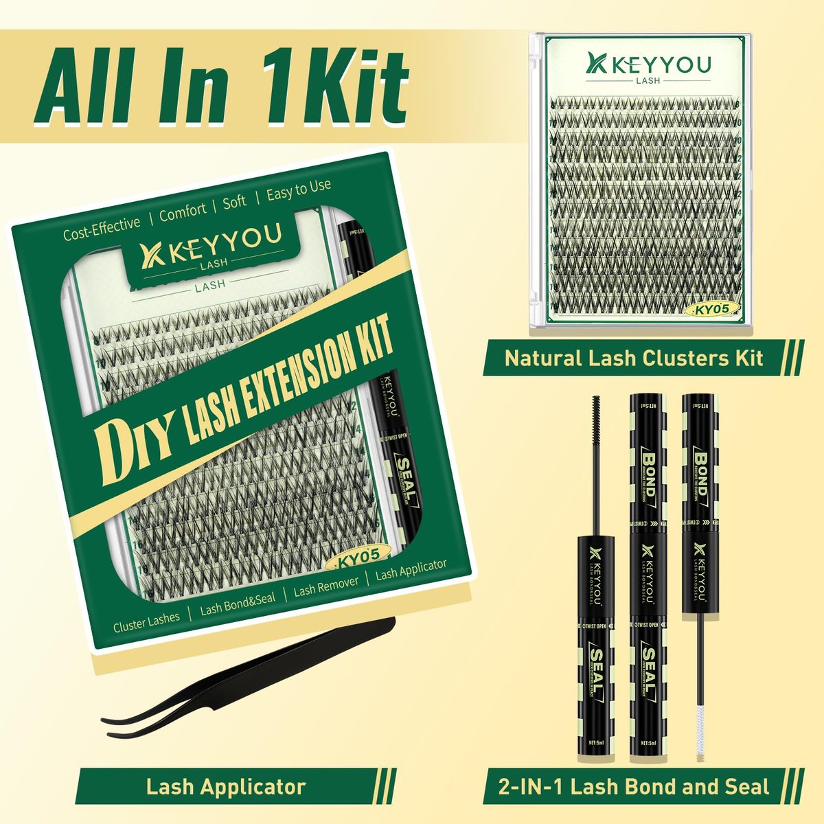 KEYYOU LASH Lash Clusters Kit Natural 144pcs 8-16MIX Wispy Lash Clusters C Curl with Bond and Seal, Remover, Applicators for DIY Fluffy Eyelash Clusters at Home - görsel 4