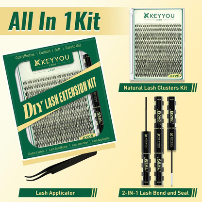 KEYYOU LASH Lash Clusters Kit Natural 144pcs 8-16MIX Wispy Lash Clusters C Curl with Bond and Seal, Remover, Applicators for DIY Fluffy Eyelash Clusters at Home
