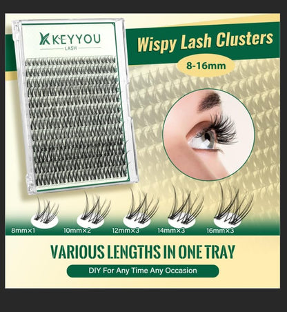 KEYYOU LASH Lash Clusters Kit Natural 144pcs 8-16MIX Wispy Lash Clusters C Curl with Bond and Seal, Remover, Applicators for DIY Fluffy Eyelash Clusters at Home
