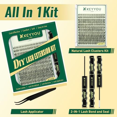 KEYYOU LASH Lash Clusters Kit Natural 144pcs 8-16MIX Wispy Lash Clusters C Curl with Bond and Seal, Remover, Applicators for DIY Fluffy Eyelash Clusters at Home - görsel 5