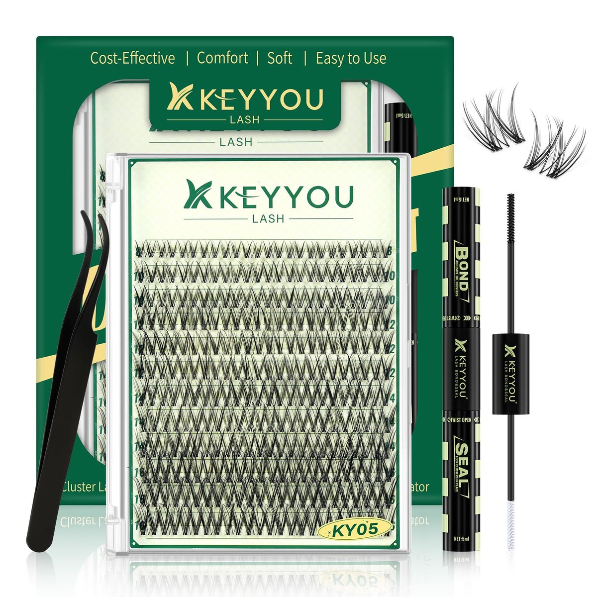 KEYYOU LASH Lash Clusters Kit Natural 144pcs 8-16MIX Wispy Lash Clusters C Curl with Bond and Seal, Remover, Applicators for DIY Fluffy Eyelash Clusters at Home - görsel 1