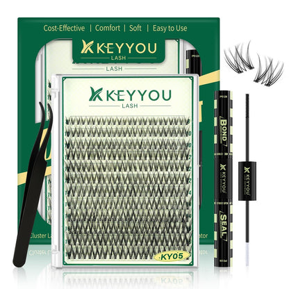 KEYYOU LASH Lash Clusters Kit Natural 144pcs 8-16MIX Wispy Lash Clusters C Curl with Bond and Seal, Remover, Applicators for DIY Fluffy Eyelash Clusters at Home