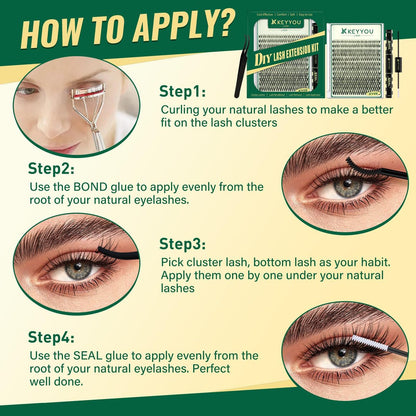 KEYYOU LASH Lash Clusters Kit Natural 144pcs 8-16MIX Wispy Lash Clusters C Curl with Bond and Seal, Remover, Applicators for DIY Fluffy Eyelash Clusters at Home