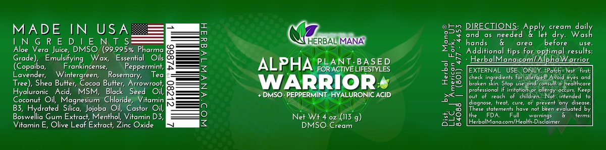 Herbal Mana Alpha Warrior | Cooling, Fast-Absorbing DMSO Body Cream – 4 oz Avelisse