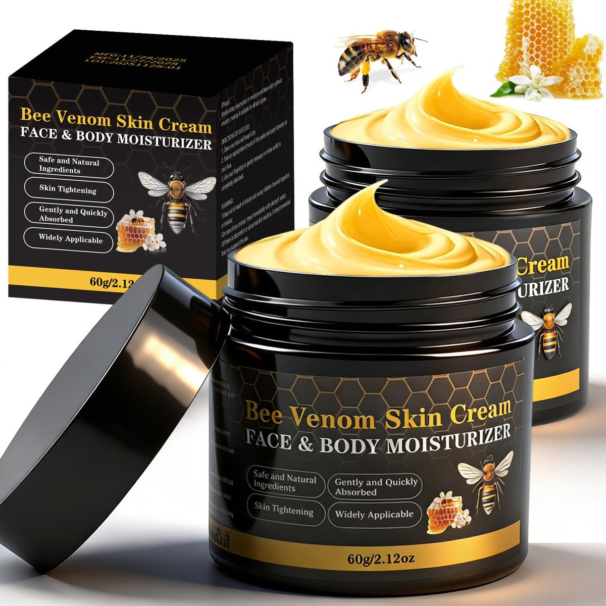 Lustrchron 2-Pack Bee Venom Skin Cream – Natural Anti-Aging Moisturizer for Face & Body, Wrinkle Lift & Firming, Reduces Blemishes (2 x 60g) Avelisse