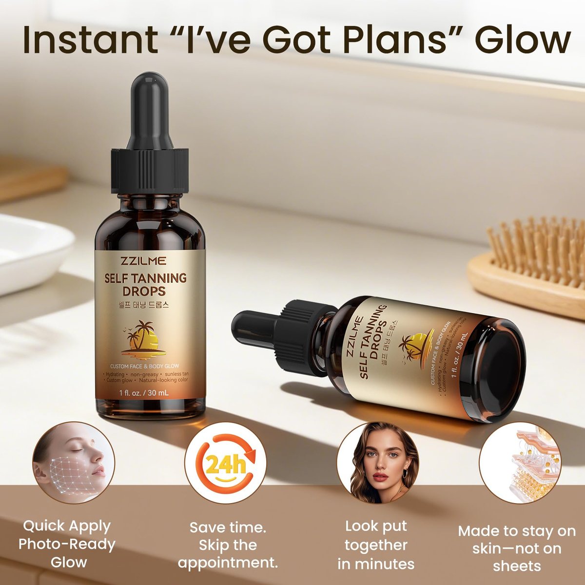 ZZILME Self Tanning Drops for Face & Body - Customizable Glow with Niacinamide, Vitamin C & Hyaluronic Acid, Gradual Sunless Tanner Serum, Non-Comedogenic Bronzing Drops 1.0 fl oz Avelisse