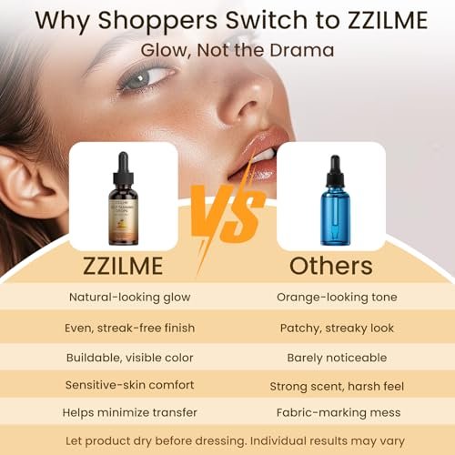 ZZILME Self Tanning Drops for Face & Body - Customizable Glow with Niacinamide, Vitamin C & Hyaluronic Acid, Gradual Sunless Tanner Serum, Non-Comedogenic Bronzing Drops 1.0 fl oz Avelisse