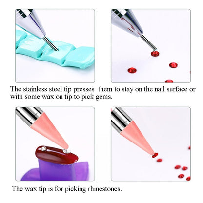 Rhinestone Picker Dotting Pen with Extra Wax Heads – Double Head Nail Art Wax Pen for DIY Manicure (Pink)