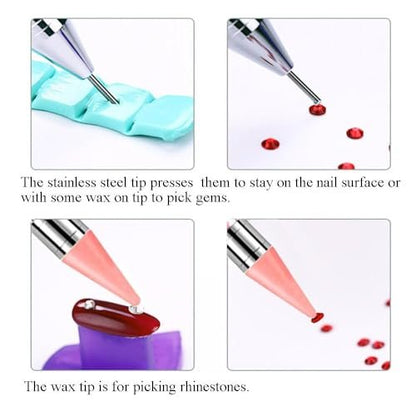 Rhinestone Picker Dotting Pen with Extra Wax Heads – Double Head Nail Art Wax Pen for DIY Manicure (Pink)
