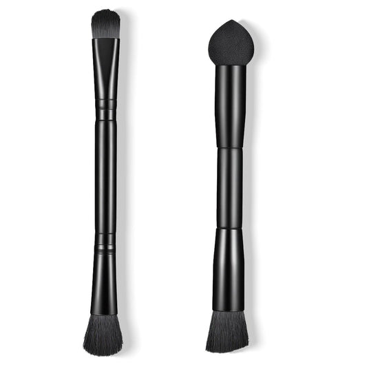 2-Piece Dual-Ended Hairline Powder Brush Set – Travel Makeup Powder Brush with Sponge Tip & Soft Bristles for Concealer, Contour, Root Touch-Up