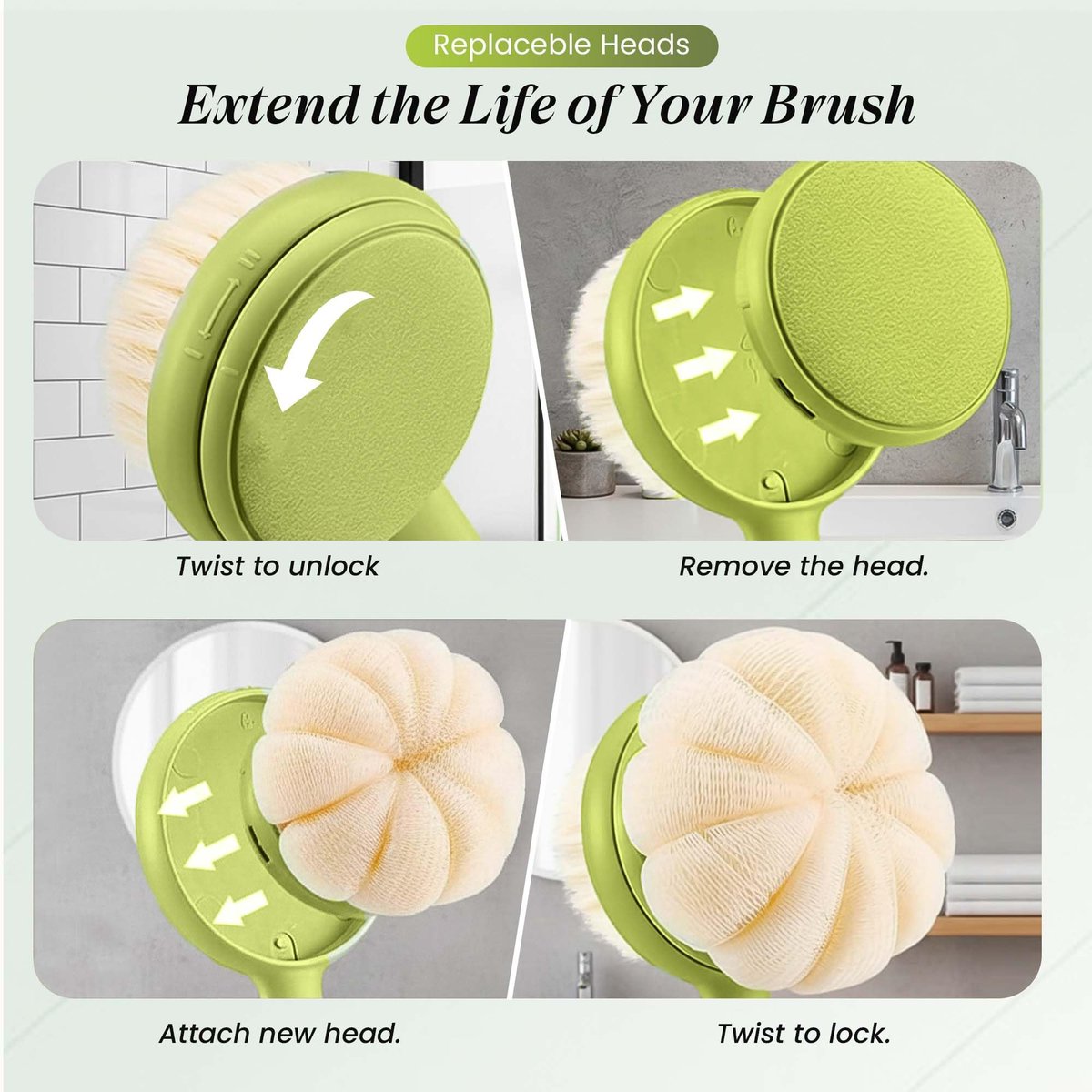 LEYLIVELLA Back Scrubber for Shower with Long Handle (15.7") – Dual-Sided Bath Brush with Loofah Sponge, Replaceable Heads, Easy Reach for Back & Body, Includes 2 Wall Hooks - görsel 9