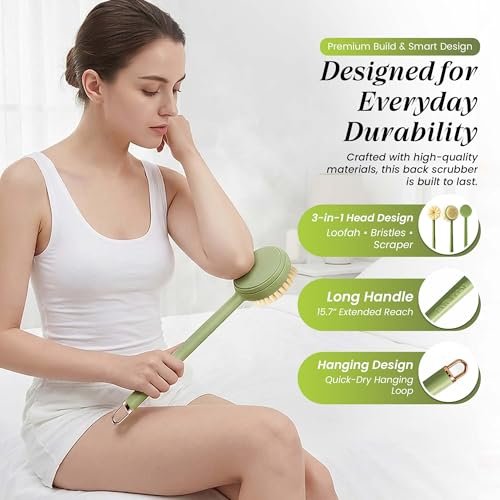 LEYLIVELLA Back Scrubber for Shower with Long Handle (15.7") – Dual-Sided Bath Brush with Loofah Sponge, Replaceable Heads, Easy Reach for Back & Body, Includes 2 Wall Hooks - görsel 8