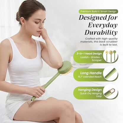 LEYLIVELLA Back Scrubber for Shower with Long Handle (15.7") – Dual-Sided Bath Brush with Loofah Sponge, Replaceable Heads, Easy Reach for Back & Body, Includes 2 Wall Hooks