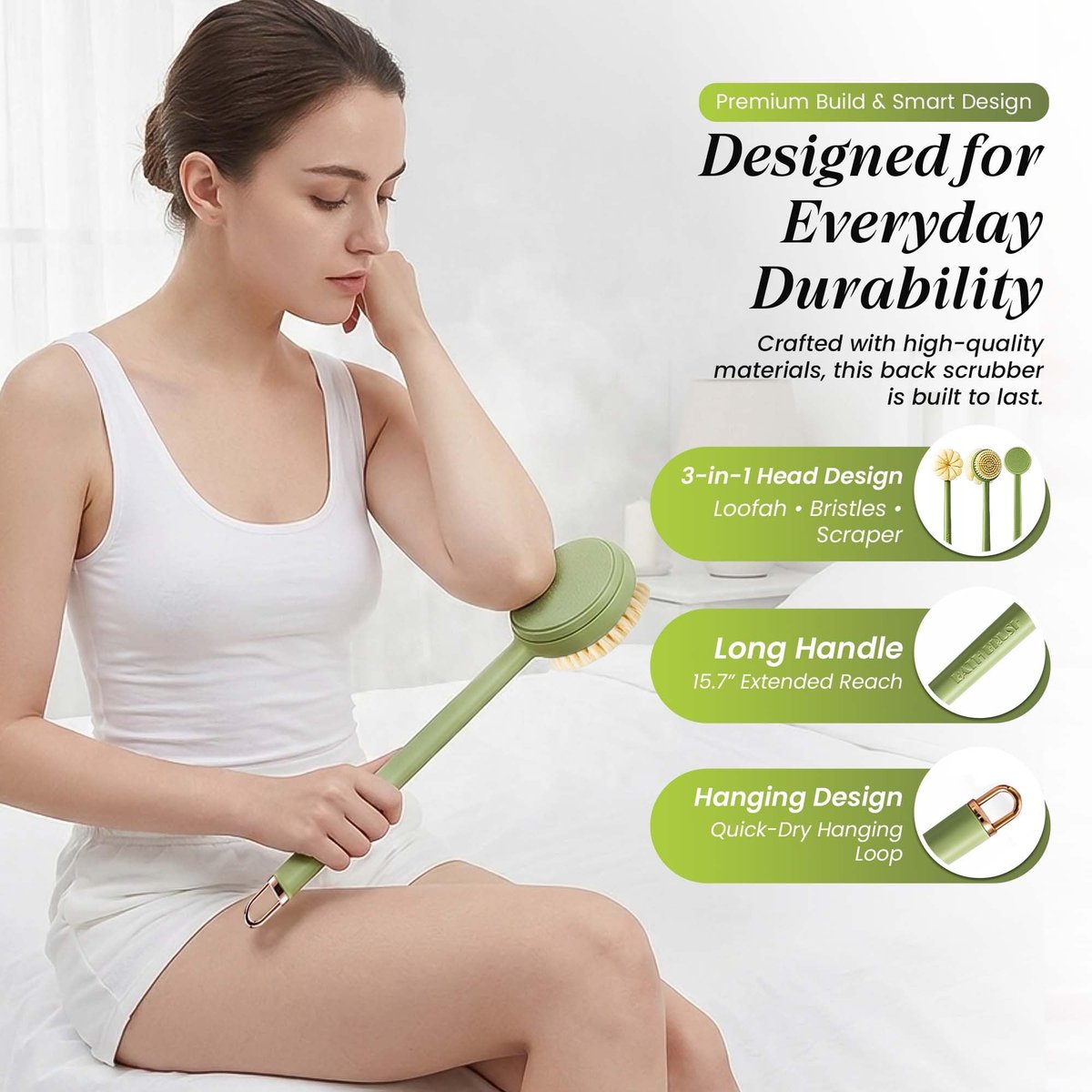 LEYLIVELLA Back Scrubber for Shower with Long Handle (15.7") – Dual-Sided Bath Brush with Loofah Sponge, Replaceable Heads, Easy Reach for Back & Body, Includes 2 Wall Hooks - görsel 7
