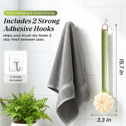 LEYLIVELLA Back Scrubber for Shower with Long Handle (15.7") – Dual-Sided Bath Brush with Loofah Sponge, Replaceable Heads, Easy Reach for Back & Body, Includes 2 Wall Hooks
