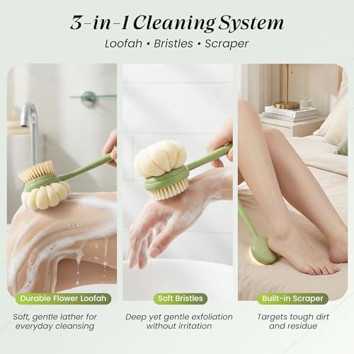 LEYLIVELLA Back Scrubber for Shower with Long Handle (15.7") – Dual-Sided Bath Brush with Loofah Sponge, Replaceable Heads, Easy Reach for Back & Body, Includes 2 Wall Hooks - görsel 4