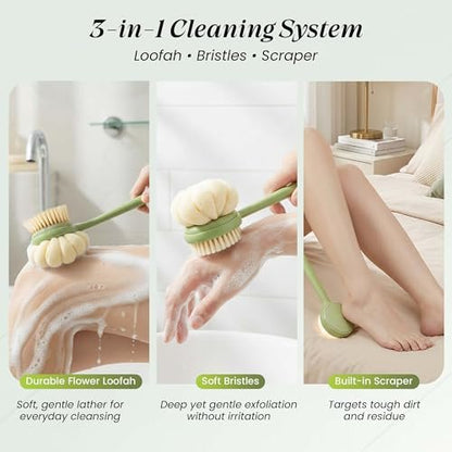 LEYLIVELLA Back Scrubber for Shower with Long Handle (15.7") – Dual-Sided Bath Brush with Loofah Sponge, Replaceable Heads, Easy Reach for Back & Body, Includes 2 Wall Hooks