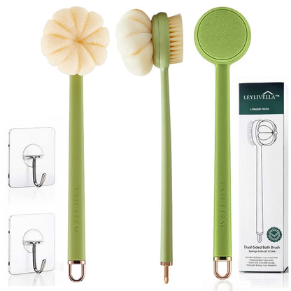 LEYLIVELLA Back Scrubber for Shower with Long Handle (15.7") – Dual-Sided Bath Brush with Loofah Sponge, Replaceable Heads, Easy Reach for Back & Body, Includes 2 Wall Hooks