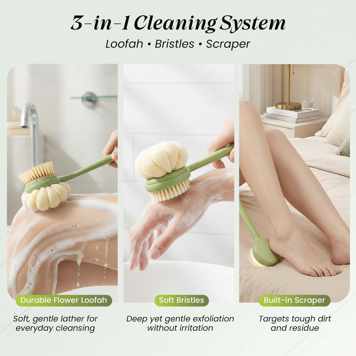LEYLIVELLA Back Scrubber for Shower with Long Handle (15.7") – Dual-Sided Bath Brush with Loofah Sponge, Replaceable Heads, Easy Reach for Back & Body, Includes 2 Wall Hooks - görsel 3