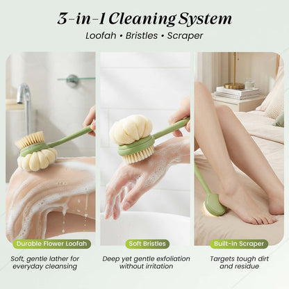 LEYLIVELLA Back Scrubber for Shower with Long Handle (15.7") – Dual-Sided Bath Brush with Loofah Sponge, Replaceable Heads, Easy Reach for Back & Body, Includes 2 Wall Hooks