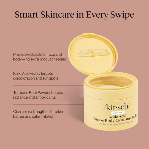 Kitsch Kojic Acid Cleansing Pads with Turmeric & Cica – Exfoliating & Brightening Face and Body Pads (50 Count) Avelisse