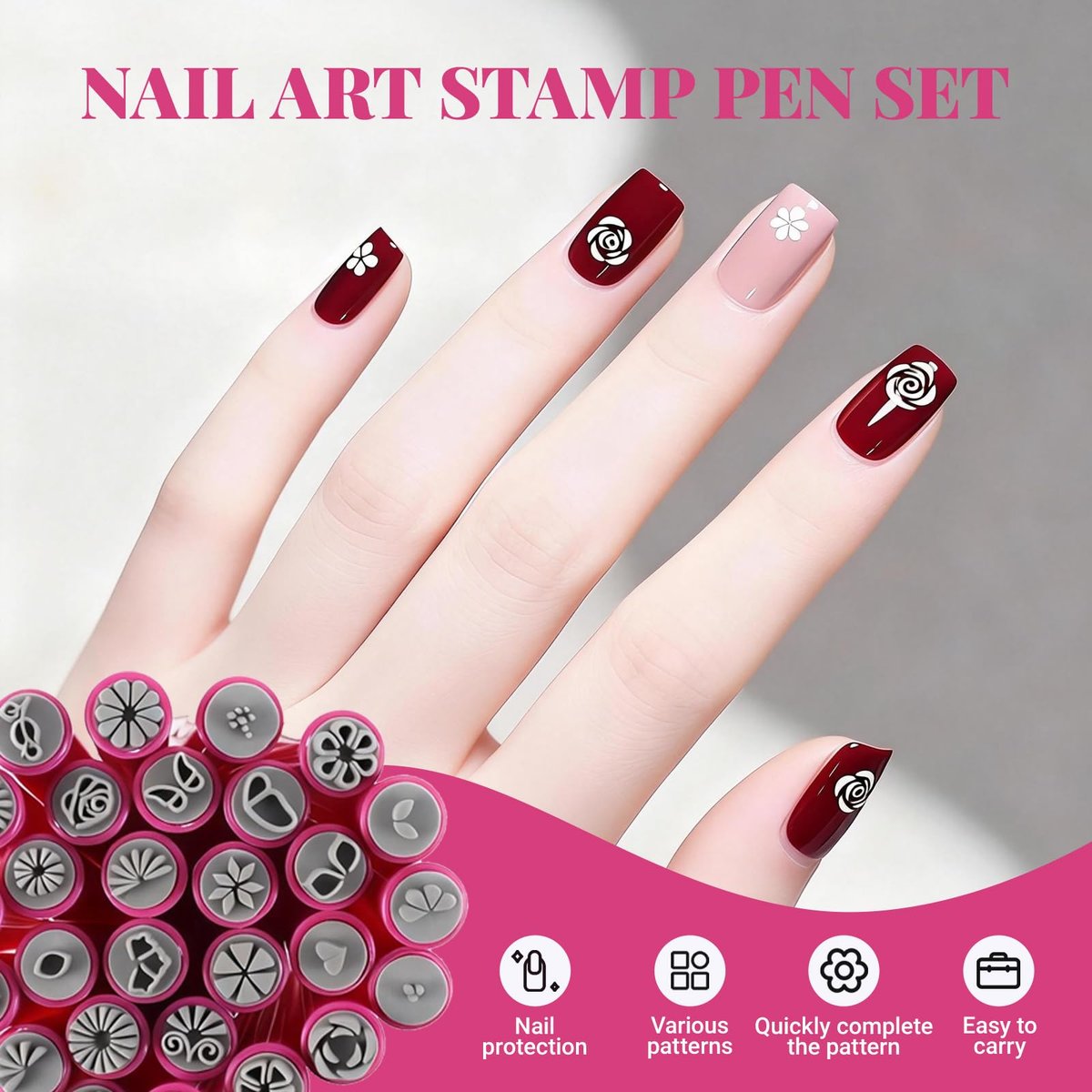 28PCS Nail Art Stamp Pen Set - Flower Butterfly Rose Nail Stamping Kit with DIY Stamper for Women Girls Avelisse