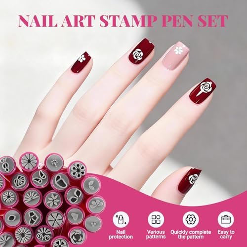 28PCS Nail Art Stamp Pen Set - Flower Butterfly Rose Nail Stamping Kit with DIY Stamper for Women Girls Avelisse