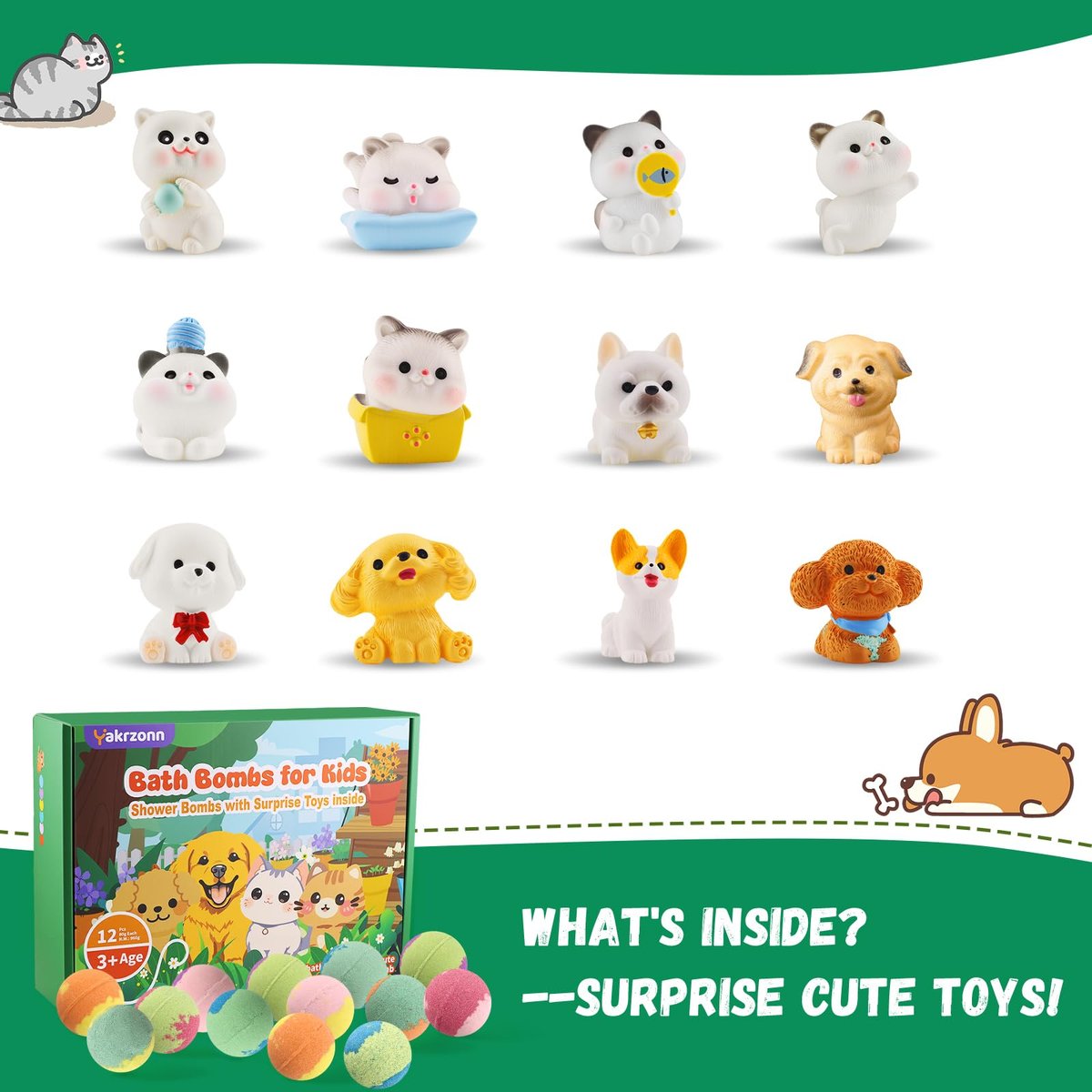 12-Pack Kids Bath Bombs with Surprise Cat & Dog Toys Inside – Natural, Moisturizing, Safe for Sensitive Skin – Fun Fizzies for Boys, Girls & Toddlers Avelisse