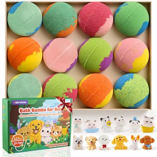 12-Pack Kids Bath Bombs with Surprise Cat & Dog Toys Inside – Natural, Moisturizing, Safe for Sensitive Skin – Fun Fizzies for Boys, Girls & Toddlers Avelisse