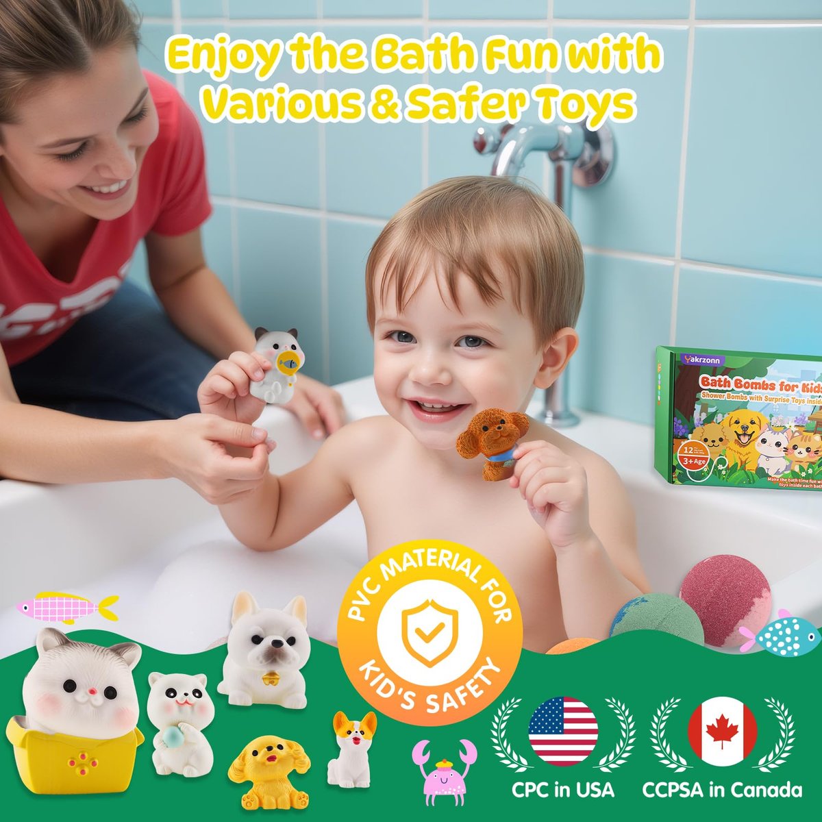 12-Pack Kids Bath Bombs with Surprise Cat & Dog Toys Inside – Natural, Moisturizing, Safe for Sensitive Skin – Fun Fizzies for Boys, Girls & Toddlers Avelisse