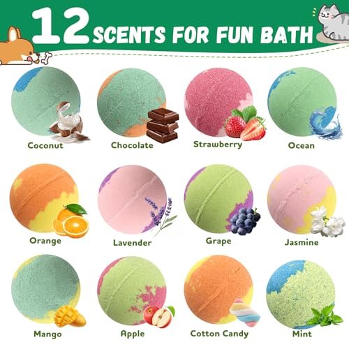 12-Pack Kids Bath Bombs with Surprise Cat & Dog Toys Inside – Natural, Moisturizing, Safe for Sensitive Skin – Fun Fizzies for Boys, Girls & Toddlers Avelisse