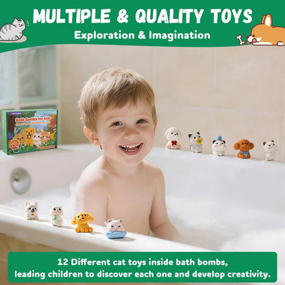 12-Pack Kids Bath Bombs with Surprise Cat & Dog Toys Inside – Natural, Moisturizing, Safe for Sensitive Skin – Fun Fizzies for Boys, Girls & Toddlers Avelisse