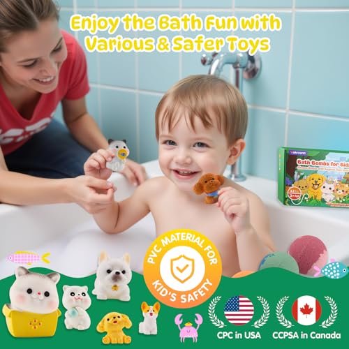12-Pack Kids Bath Bombs with Surprise Cat & Dog Toys Inside – Natural, Moisturizing, Safe for Sensitive Skin – Fun Fizzies for Boys, Girls & Toddlers Avelisse