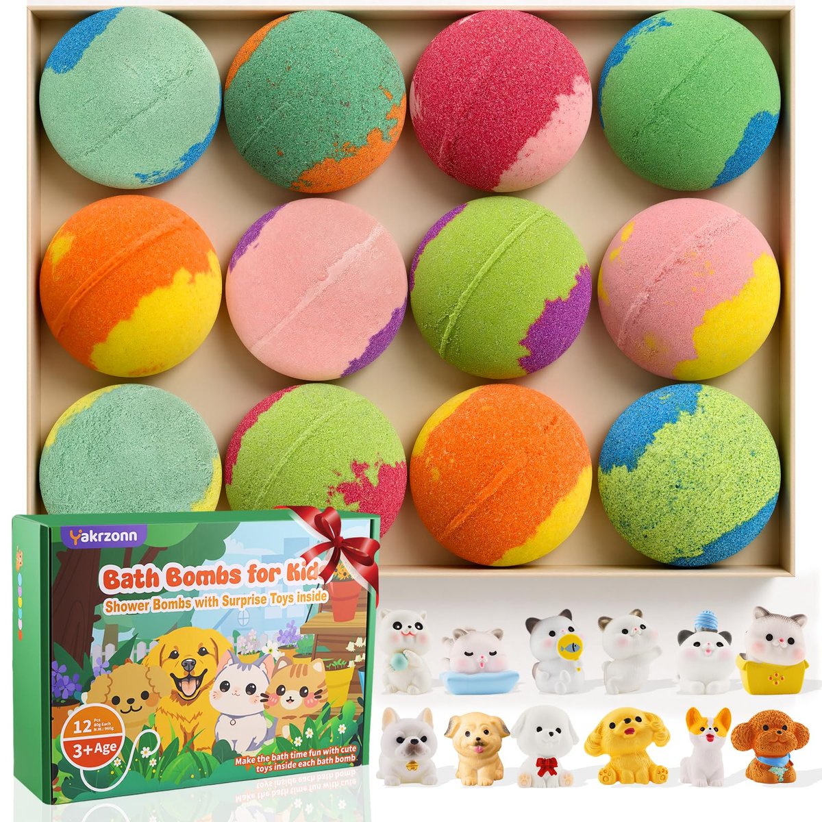 12-Pack Kids Bath Bombs with Surprise Cat & Dog Toys Inside – Natural, Moisturizing, Safe for Sensitive Skin – Fun Fizzies for Boys, Girls & Toddlers Avelisse