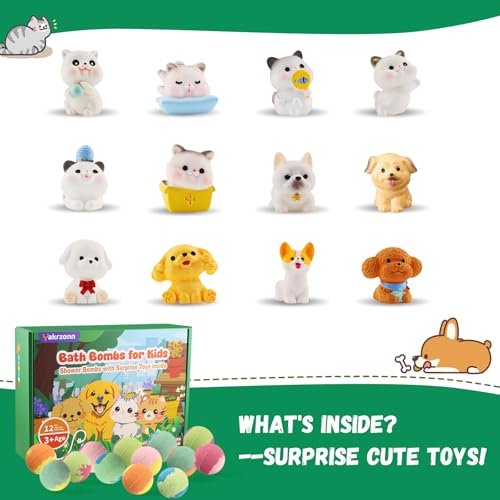 12-Pack Kids Bath Bombs with Surprise Cat & Dog Toys Inside – Natural, Moisturizing, Safe for Sensitive Skin – Fun Fizzies for Boys, Girls & Toddlers Avelisse
