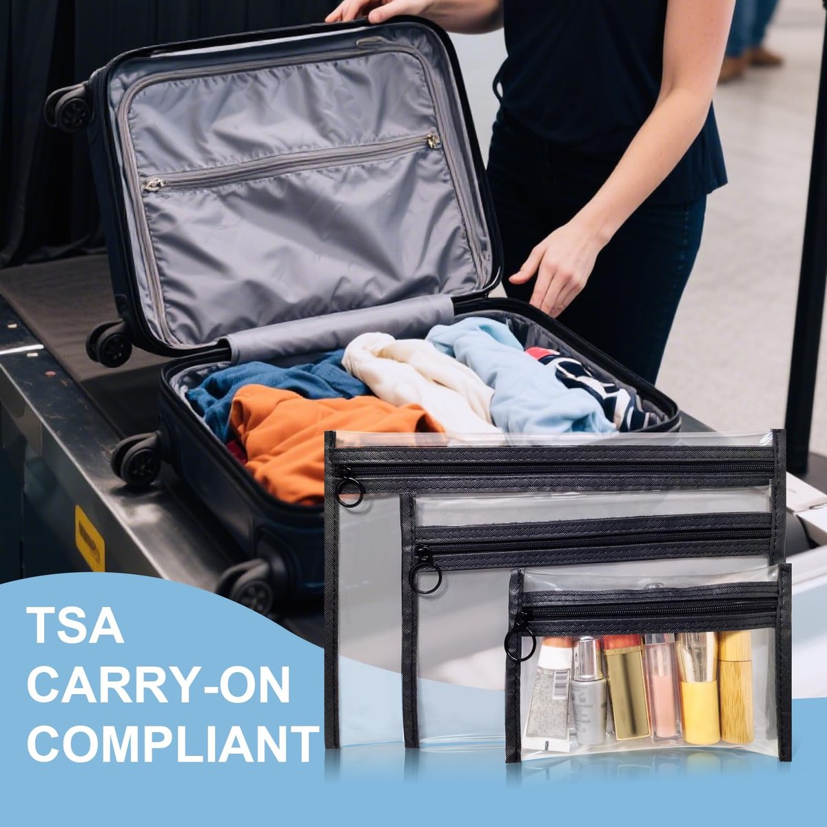 LMBTNCG TSA Approved Clear Toiletry Bags (3 Pack) - Waterproof PVC Travel Organizer Pouches with Zipper, Transparent Makeup Cosmetic Cases for Airport Security - görsel 3