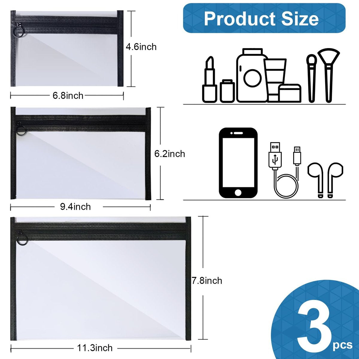 LMBTNCG TSA Approved Clear Toiletry Bags (3 Pack) - Waterproof PVC Travel Organizer Pouches with Zipper, Transparent Makeup Cosmetic Cases for Airport Security - görsel 5