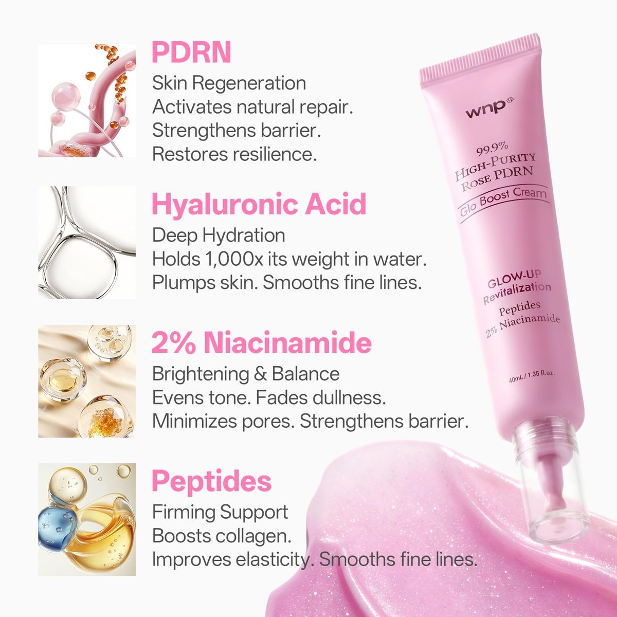 WNP 99% Pure Rose PDRN Glo Boost Highlight Moisturizing Cream - Natural Glow Enhancer with Hyaluronic Acid, 2% Niacinamide, Peptides, Salmon DNA for Glass Skin (40ml / 1.35 oz) Avelisse