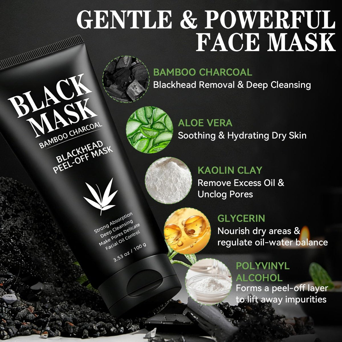 Charcoal Peel Off Face Mask for Blackhead Removal – Deep Pore Cleansing Mask with Brush & Extractor Tool, 3.53 oz Avelisse