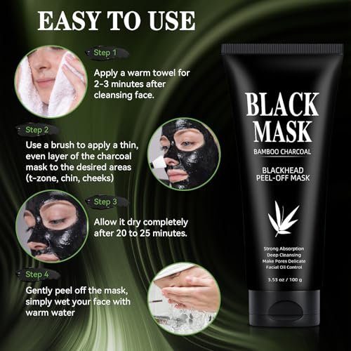 Charcoal Peel Off Face Mask for Blackhead Removal – Deep Pore Cleansing Mask with Brush & Extractor Tool, 3.53 oz Avelisse